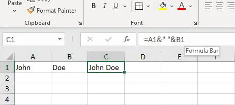 Using the formula =A1&" "&B1 to combine the contents of cell A1 and B1.