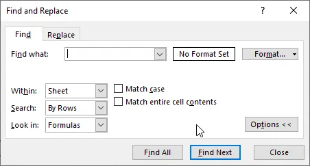 FInd window more options The Excel Find window showing more options.