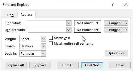 Find and replace window The Excel Find and Replace window.