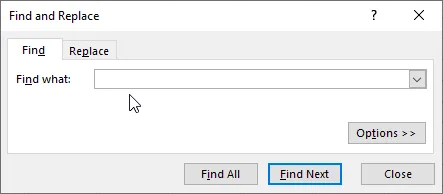 Find window The Excel Find window.