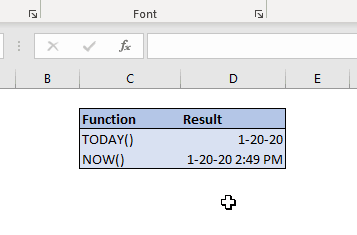 Here you can see the difference between the Today and the Now function. Note that the Now function also returns the date.