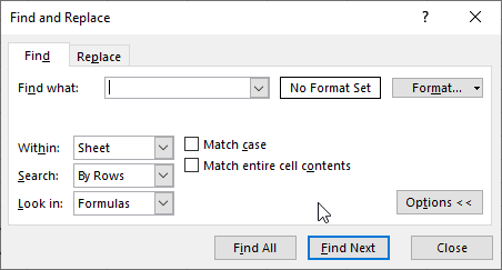 The Excel Find window showing more options.