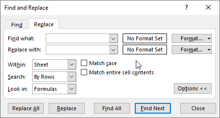 The Excel Find and Replace window.