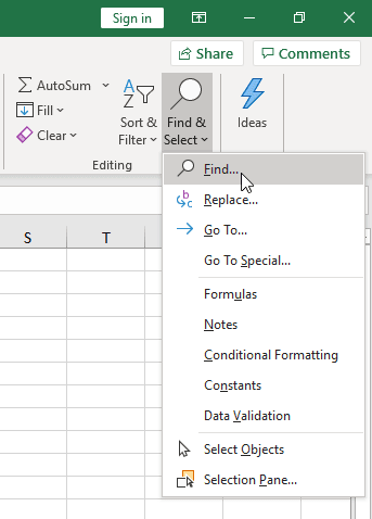 Opening the find window in Excel.