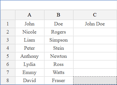 Combining first and last names using concatenate exercise screenshot