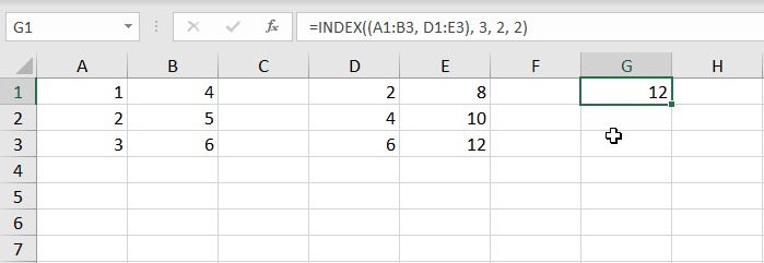 Using an Index function on two arrays. The last argument (Area number) is from which array we want to return a value. 