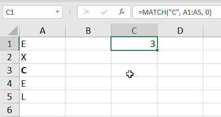 A simple Match example. We look for the exact value C in the range A1:A5. The returned value is 3.