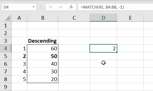 Using the Match function to find the position of a value greater than 45. We find 50 in row 2 so 2 is returned.