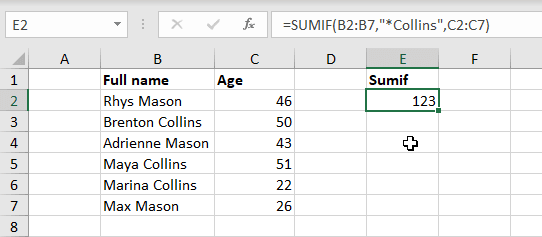 Using Excel Sumif with an asterisk (*) wildcard to sum the ages of the Collins family.