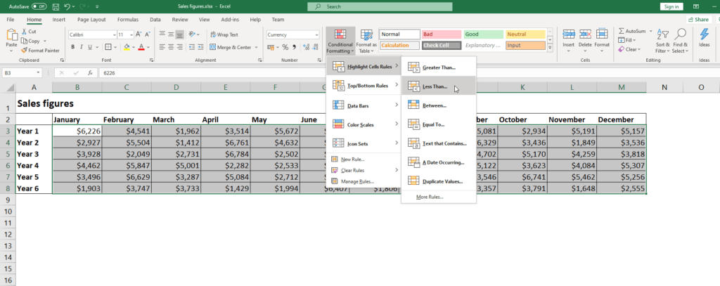 Conditional formatting, step 1: Select the data you want to format and click on Conditional Formatting on the Ribbon. Choose the formatting you want. We're going with Highlight Cell Rulles > Less than....